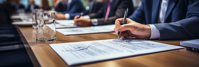 Several people in formal suits are seen in an office conference room, signing agreement copies.